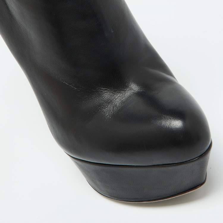 Pre Owned Sergio Rossi Black Leather Platform Ankle Length Booties Size 34.5