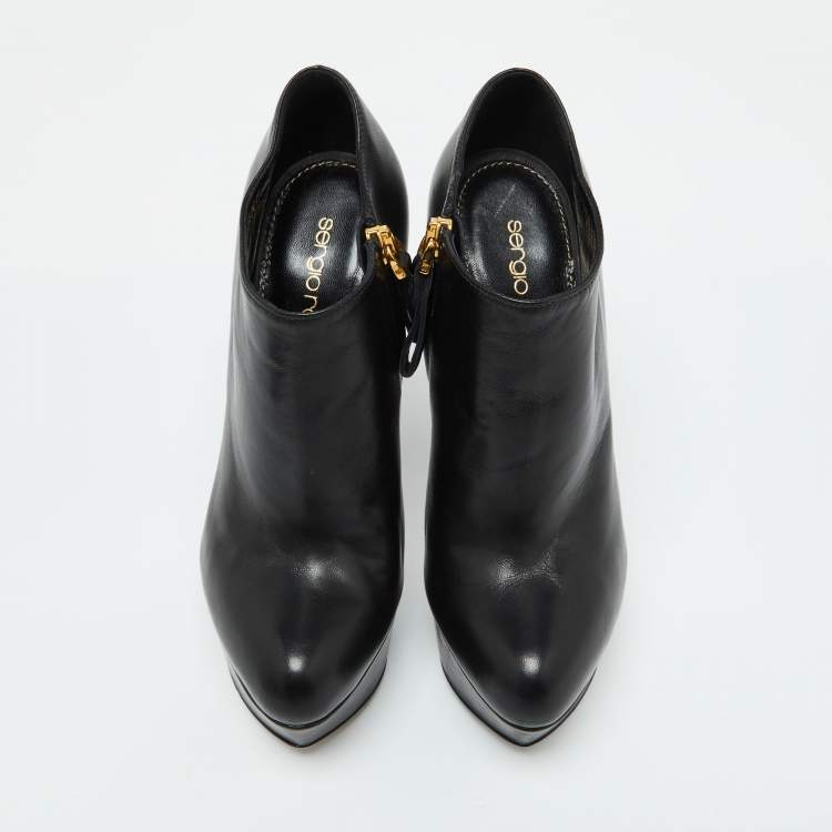Pre Owned Sergio Rossi Black Leather Platform Ankle Length Booties Size 34.5