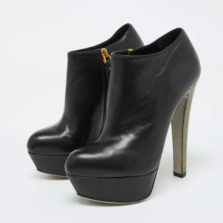 Pre Owned Sergio Rossi Black Leather Platform Ankle Length Booties Size 34.5