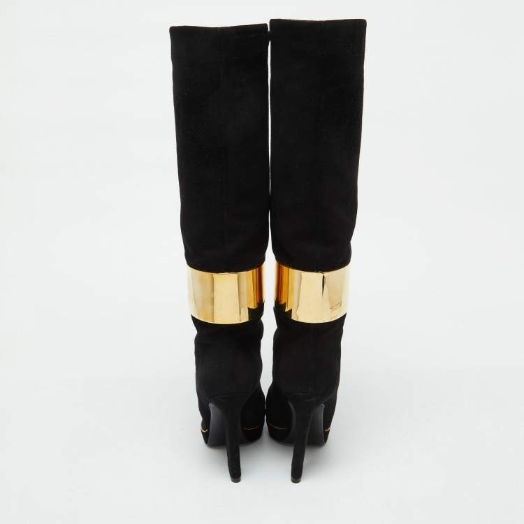 Pre Owned Sergio Rossi Black Suede Metal Cuff Platform Knee Length Boots Size 34.5