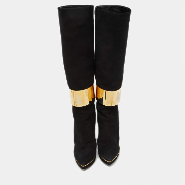 Pre Owned Sergio Rossi Black Suede Metal Cuff Platform Knee Length Boots Size 34.5