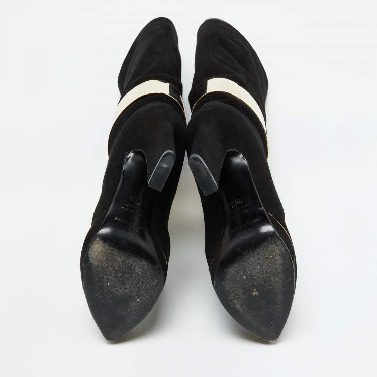 Pre Owned Sergio Rossi Black Suede Metal Cuff Platform Knee Length Boots Size 34.5