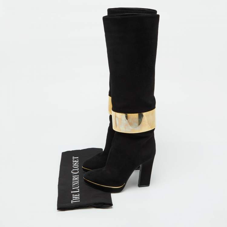 Pre Owned Sergio Rossi Black Suede Metal Cuff Platform Knee Length Boots Size 34.5