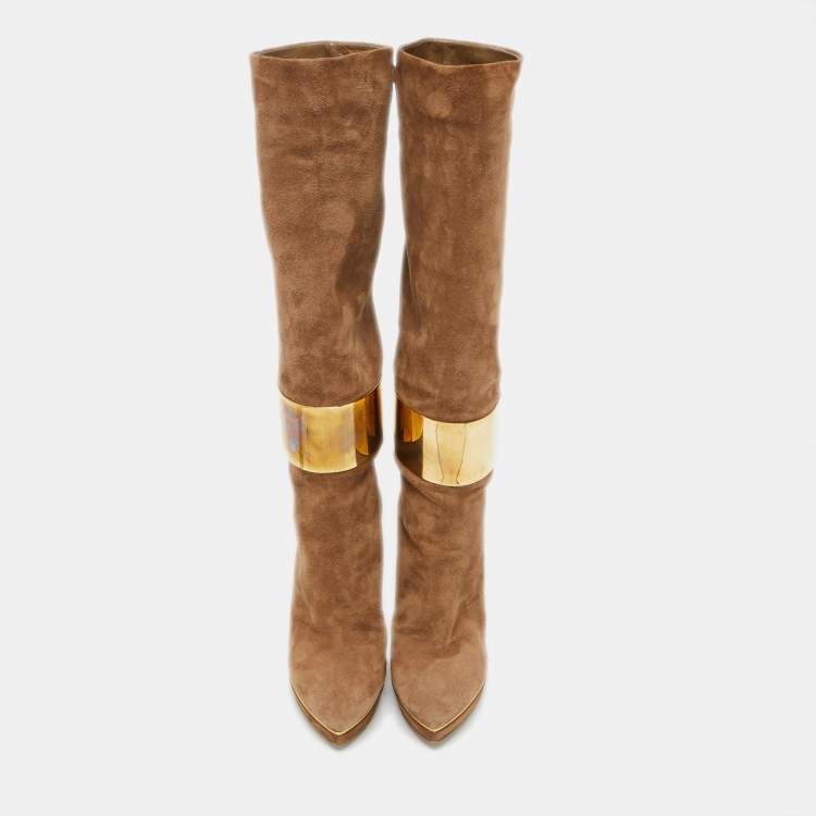 Pre Owned Sergio Rossi Light Brown Suede Metal Cuff Platform Knee Length Boots Size 36