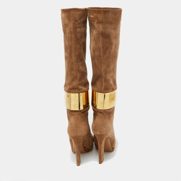 Pre Owned Sergio Rossi Light Brown Suede Metal Cuff Platform Knee Length Boots Size 36