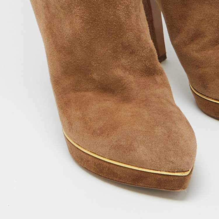 Pre Owned Sergio Rossi Light Brown Suede Metal Cuff Platform Knee Length Boots Size 36