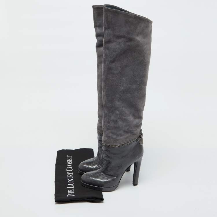 Pre Owned Sergio Rossi Grey Suede and Snakeskin Thigh High Boots Size 35