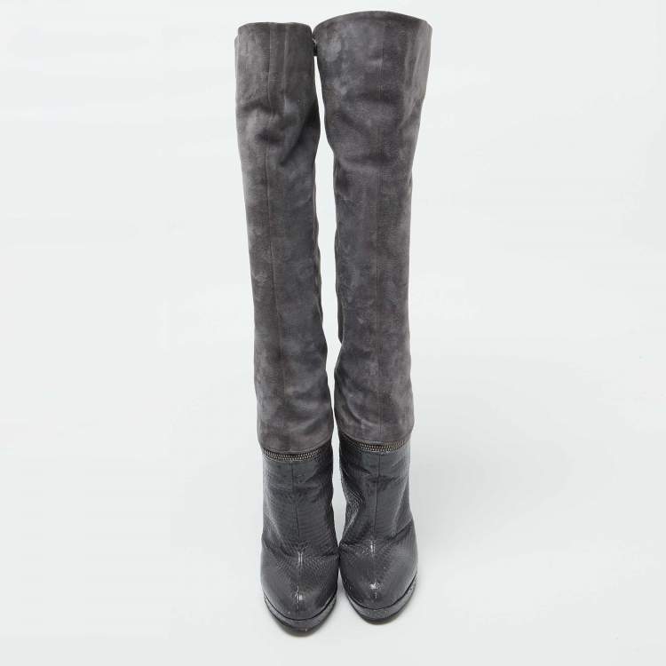 Pre Owned Sergio Rossi Grey Suede and Snakeskin Thigh High Boots Size 35