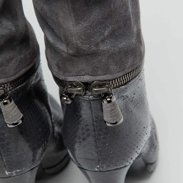 Pre Owned Sergio Rossi Grey Suede and Snakeskin Thigh High Boots Size 35