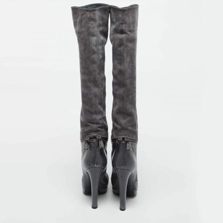 Pre Owned Sergio Rossi Grey Suede and Snakeskin Thigh High Boots Size 35