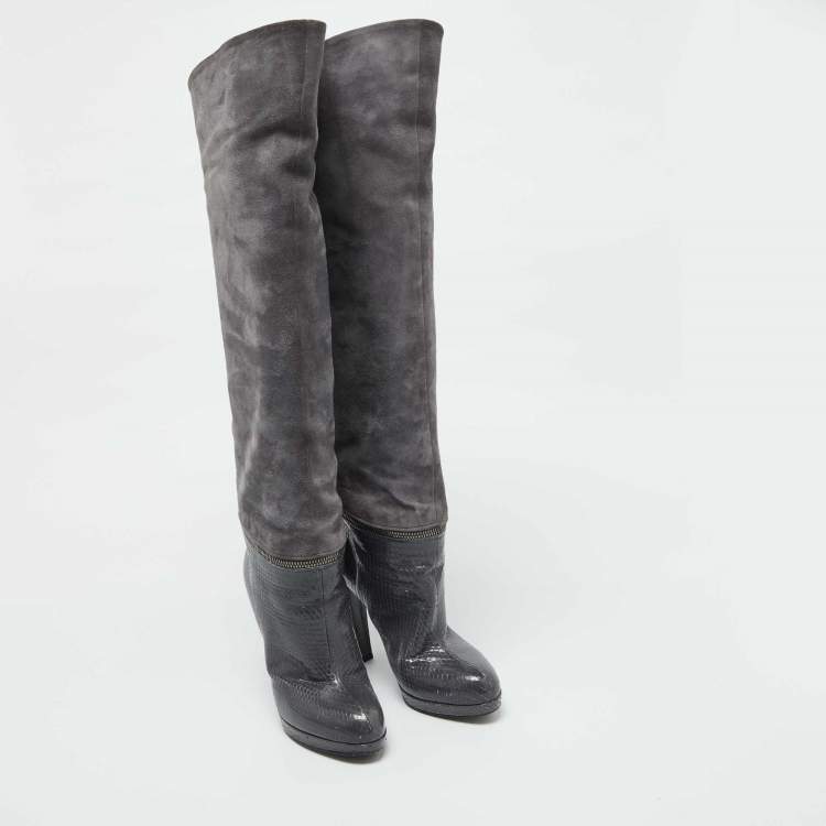 Pre Owned Sergio Rossi Grey Suede and Snakeskin Thigh High Boots Size 35