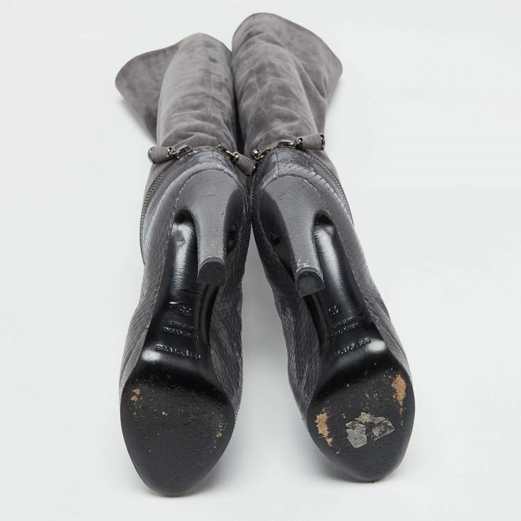 Pre Owned Sergio Rossi Grey Suede and Snakeskin Thigh High Boots Size 35