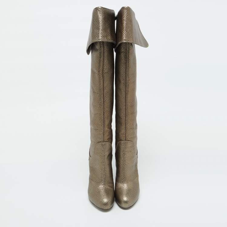 Pre Owned Sergio Rossi Brown Karung Leather Platform Over The Knee Boots Size 35