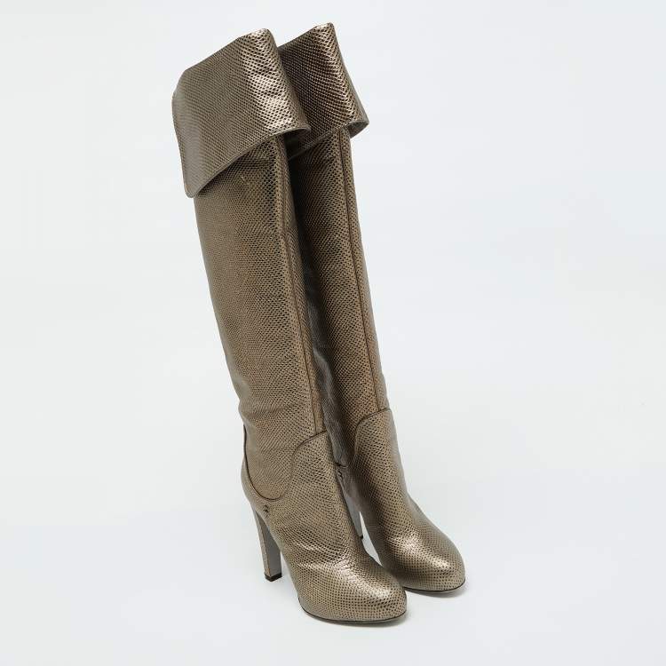 Pre Owned Sergio Rossi Brown Karung Leather Platform Over The Knee Boots Size 35