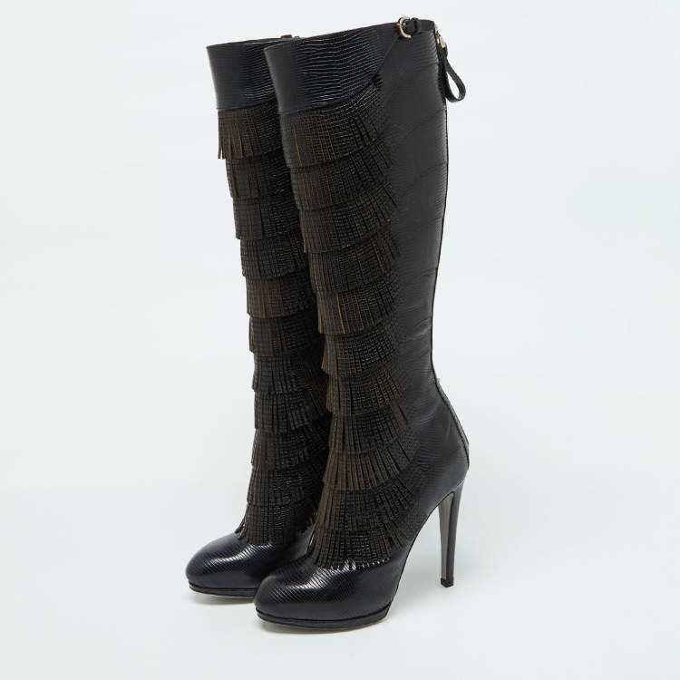 Pre Owned Sergio Rossi Black Lizard Embossed Leather Over The Knee Boots Size 35