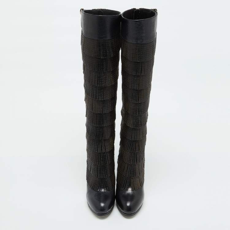Pre Owned Sergio Rossi Black Lizard Embossed Leather Over The Knee Boots Size 35