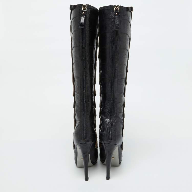 Pre Owned Sergio Rossi Black Lizard Embossed Leather Over The Knee Boots Size 35