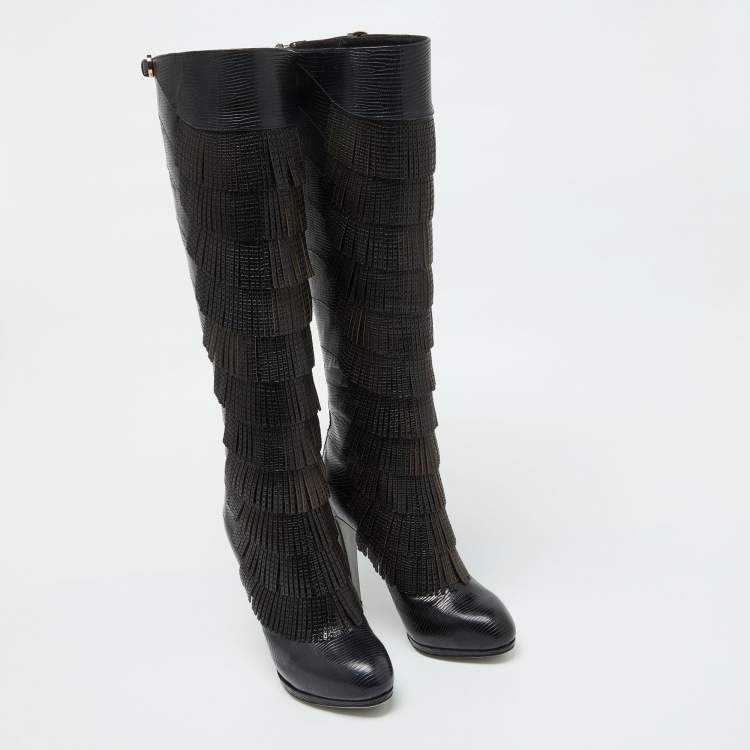 Pre Owned Sergio Rossi Black Lizard Embossed Leather Over The Knee Boots Size 35