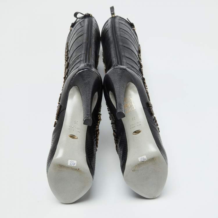 Pre Owned Sergio Rossi Black Lizard Embossed Leather Over The Knee Boots Size 35