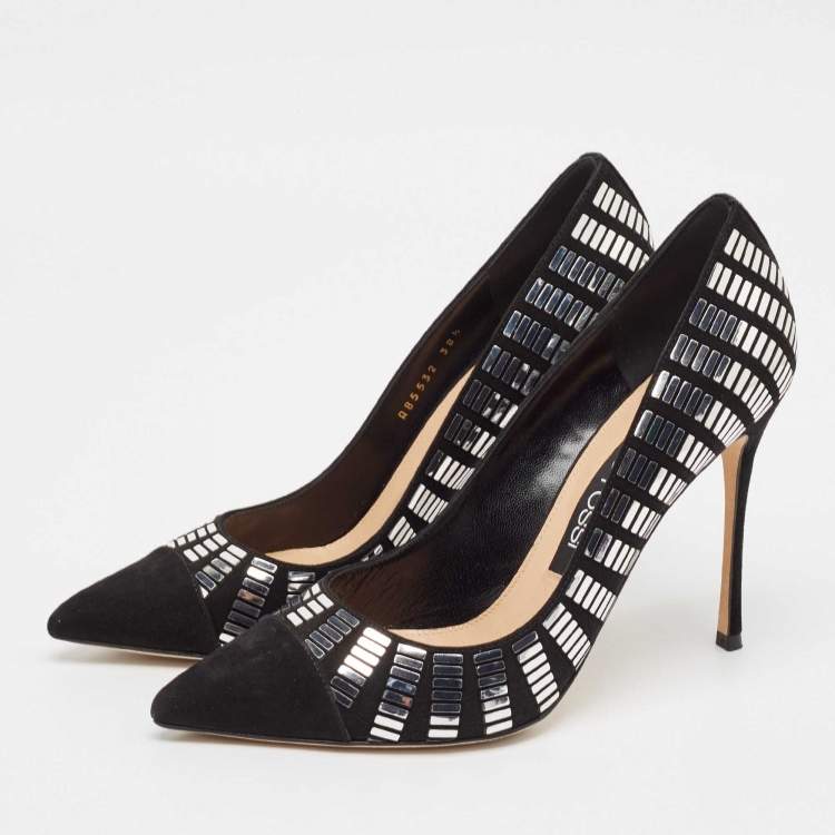مملوكة مسبقًا Sergio Rossi Black Suede Crystal Embellished Pointed Toe  Pumps Size 38.5