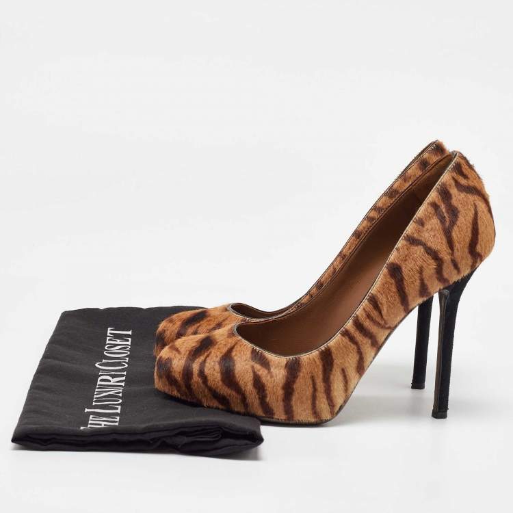 Pre Owned Sergio Rossi Brown Tiger Stripes Print Calf Hair Platform Pumps Size 36.5