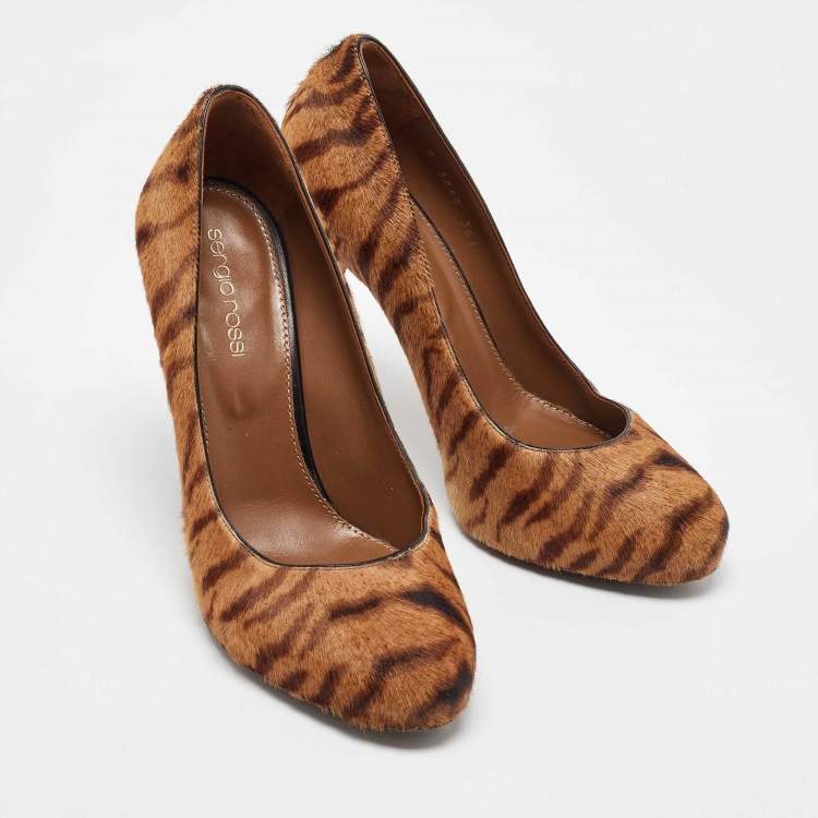 Pre Owned Sergio Rossi Brown Tiger Stripes Print Calf Hair Platform Pumps Size 36.5