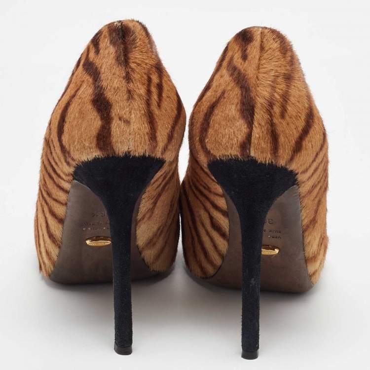 Pre Owned Sergio Rossi Brown Tiger Stripes Print Calf Hair Platform Pumps Size 36.5