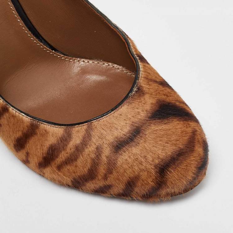 Pre Owned Sergio Rossi Brown Tiger Stripes Print Calf Hair Platform Pumps Size 36.5