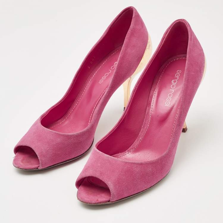 Pre Owned Sergio Rossi Pink Suede Peep Toe Pumps Size 37.5