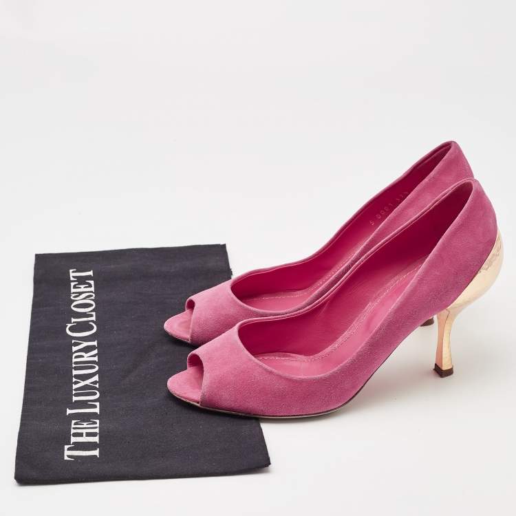 Pre Owned Sergio Rossi Pink Suede Peep Toe Pumps Size 37.5