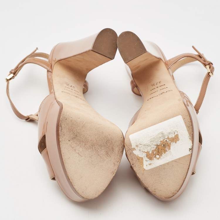 Pre Owned Sergio Rossi Beige Patent Leather Platform Ankle Strap Sandals Size 37.5