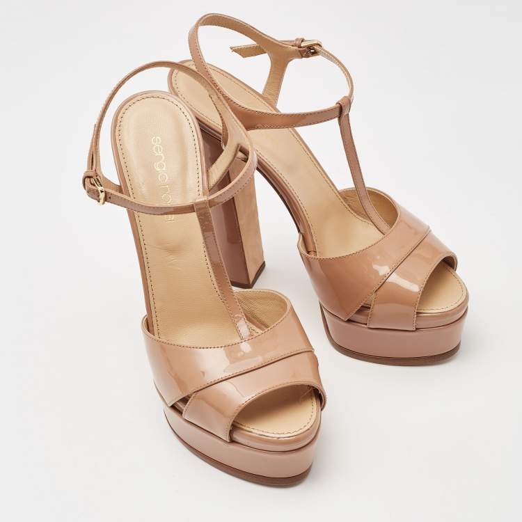 Pre Owned Sergio Rossi Beige Patent Leather Platform Ankle Strap Sandals Size 37.5