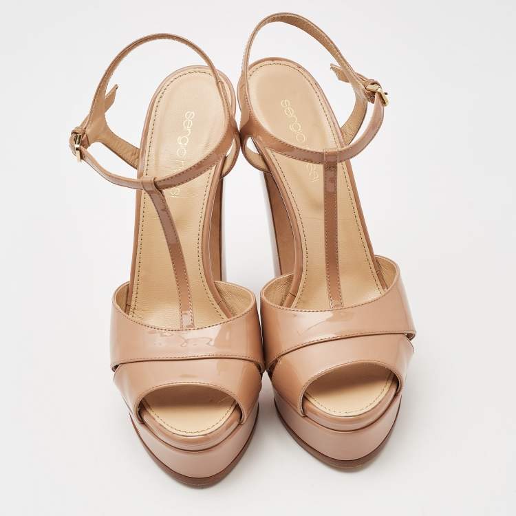 Pre Owned Sergio Rossi Beige Patent Leather Platform Ankle Strap Sandals Size 37.5