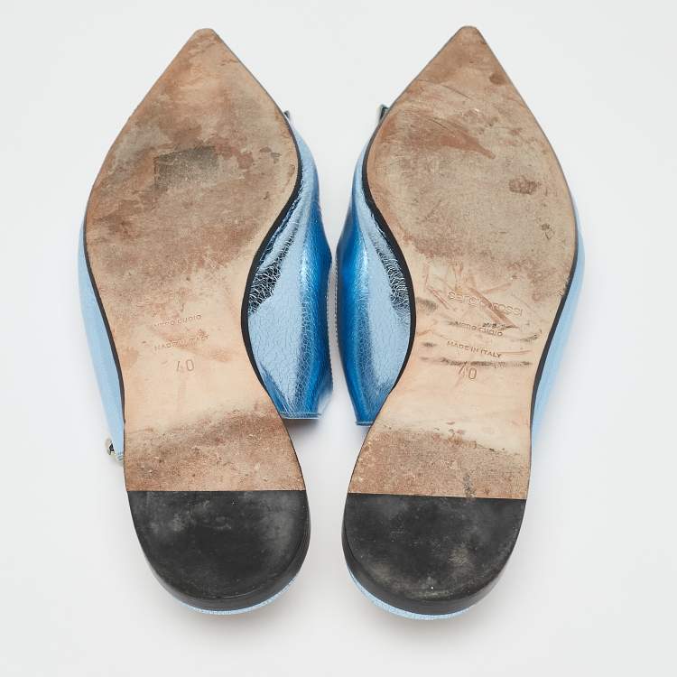 Pre Owned Sergio Rossi Metallic Blue Textured Leather Flower Detail Flat Mules Size 40