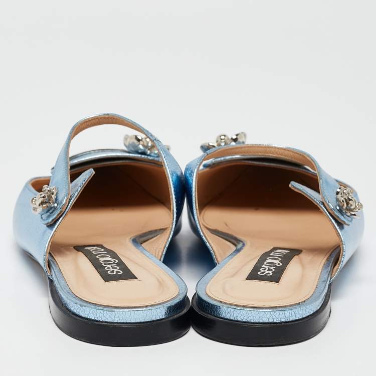 Pre Owned Sergio Rossi Metallic Blue Textured Leather Flower Detail Flat Mules Size 40
