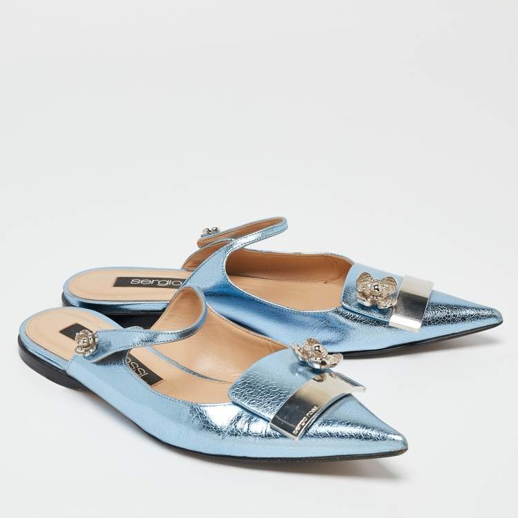 Pre Owned Sergio Rossi Metallic Blue Textured Leather Flower Detail Flat Mules Size 40