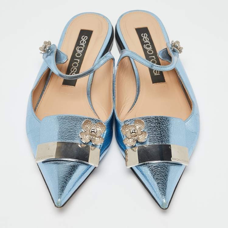 Pre Owned Sergio Rossi Metallic Blue Textured Leather Flower Detail Flat Mules Size 40