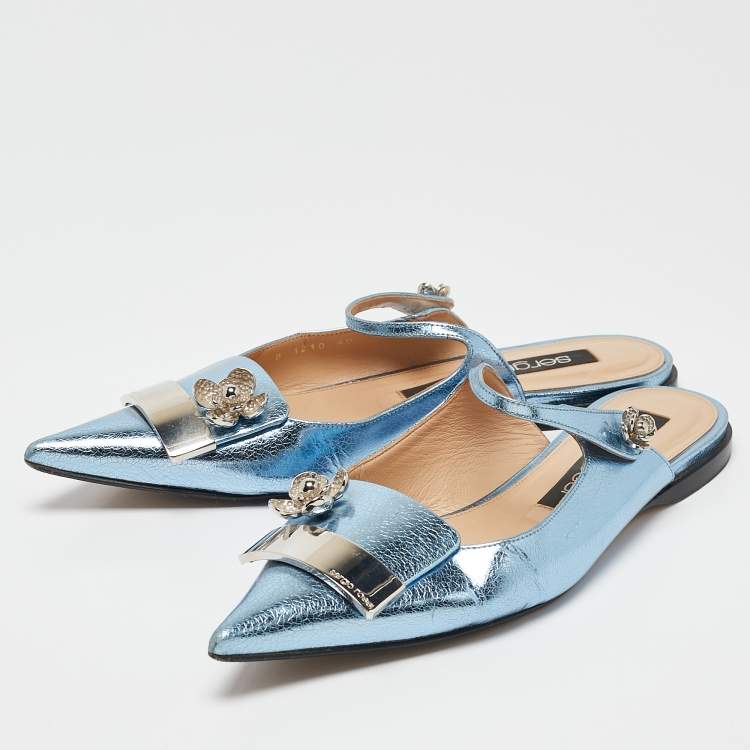 Pre Owned Sergio Rossi Metallic Blue Textured Leather Flower Detail Flat Mules Size 40