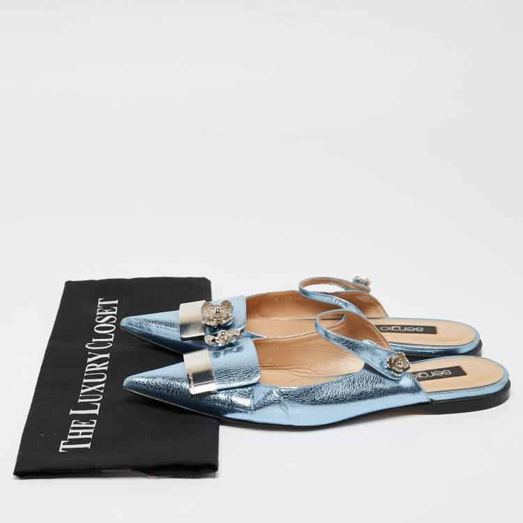 Pre Owned Sergio Rossi Metallic Blue Textured Leather Flower Detail Flat Mules Size 40
