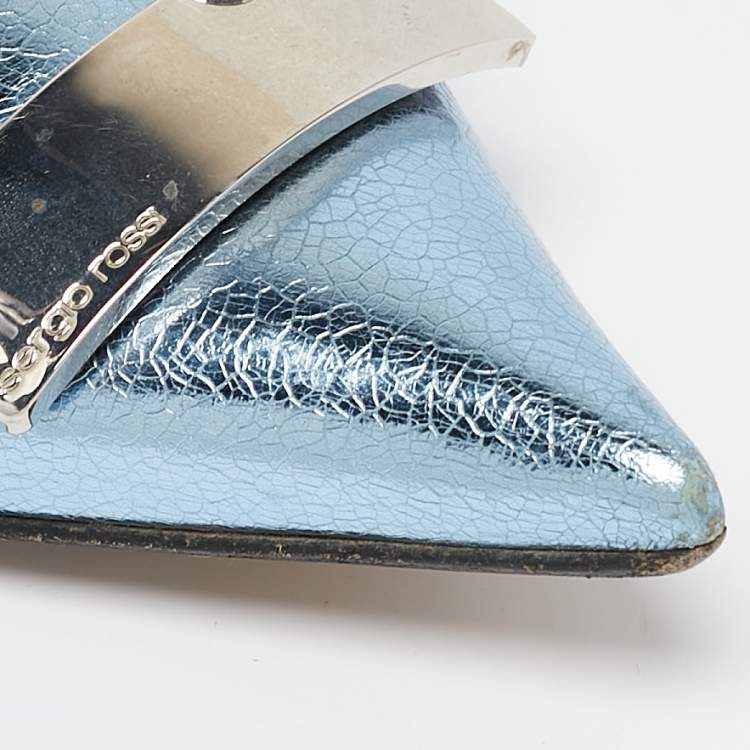 Pre Owned Sergio Rossi Metallic Blue Textured Leather Flower Detail Flat Mules Size 40