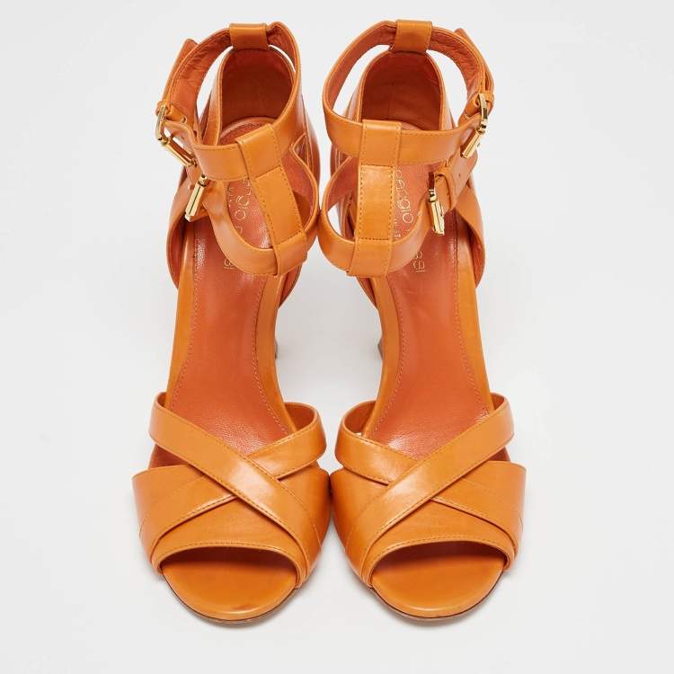 Pre Owned Sergio Rossi Orange Leather Ankle Strap Sandals Size 38