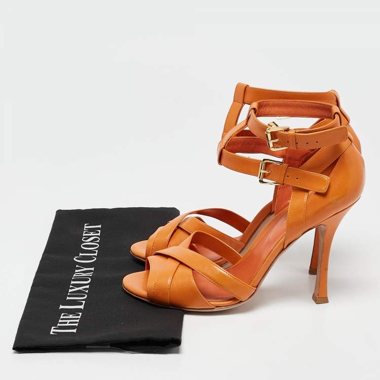 Pre Owned Sergio Rossi Orange Leather Ankle Strap Sandals Size 38