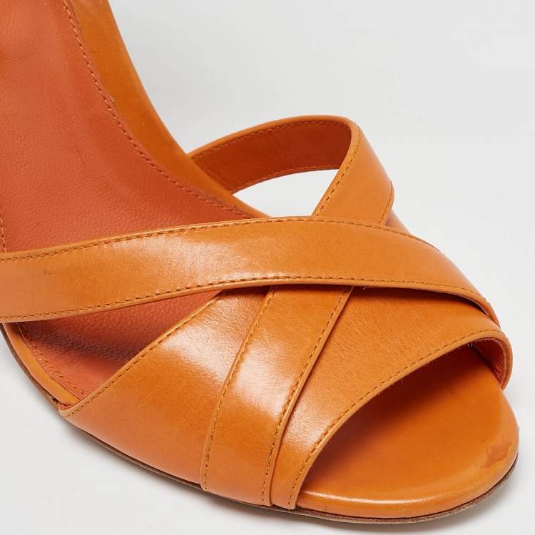 Pre Owned Sergio Rossi Orange Leather Ankle Strap Sandals Size 38