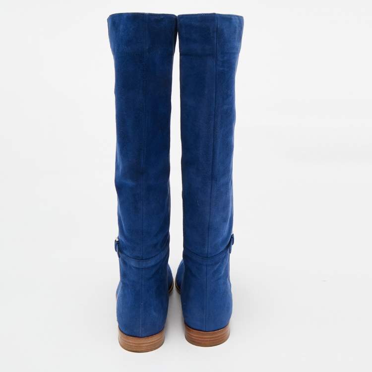 Pre Owned Sergio Rossi Blue Suede Knee Length Boots Size 37.5