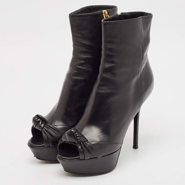 Pre Owned Sergio Rossi Black Leather Knot Open Toe Platform Ankle Boots Size 36.5