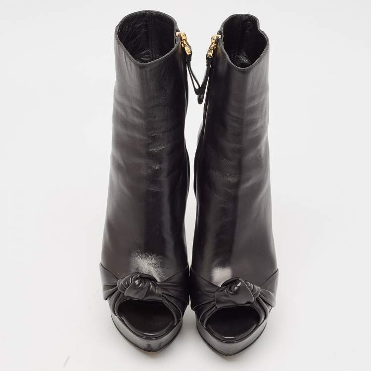 Pre Owned Sergio Rossi Black Leather Knot Open Toe Platform Ankle Boots Size 36.5