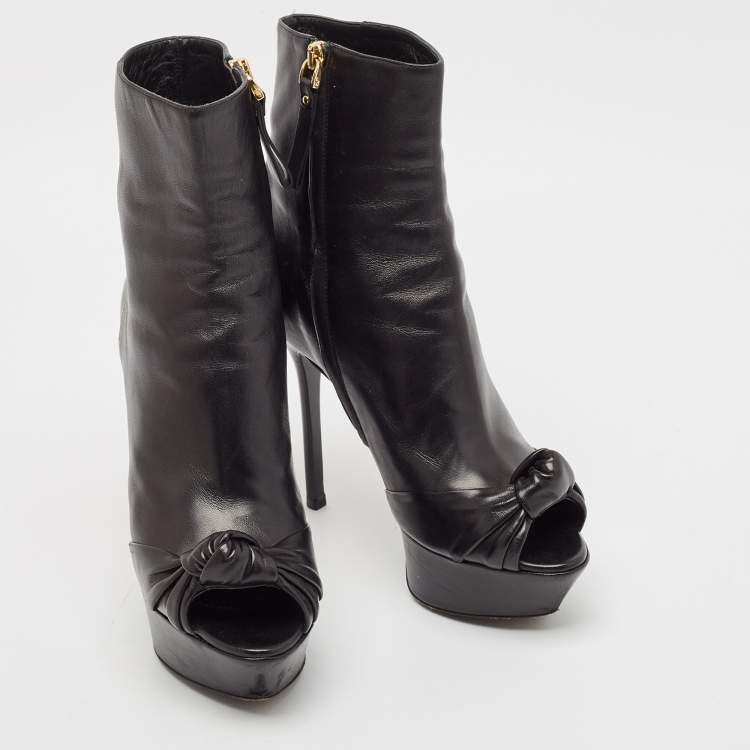 Pre Owned Sergio Rossi Black Leather Knot Open Toe Platform Ankle Boots Size 36.5