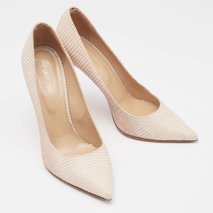 Pre Owned Sergio Rossi Beige Lizard Embossed Leather Pointed Toe  Pumps Size 39.5