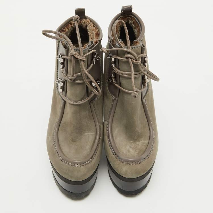 Pre Owned Sergio Rossi Grey Nubuck Leather Woolen Wedge Ankle Boots Size 38