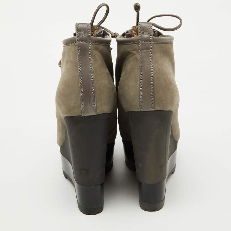 Pre Owned Sergio Rossi Grey Nubuck Leather Woolen Wedge Ankle Boots Size 38